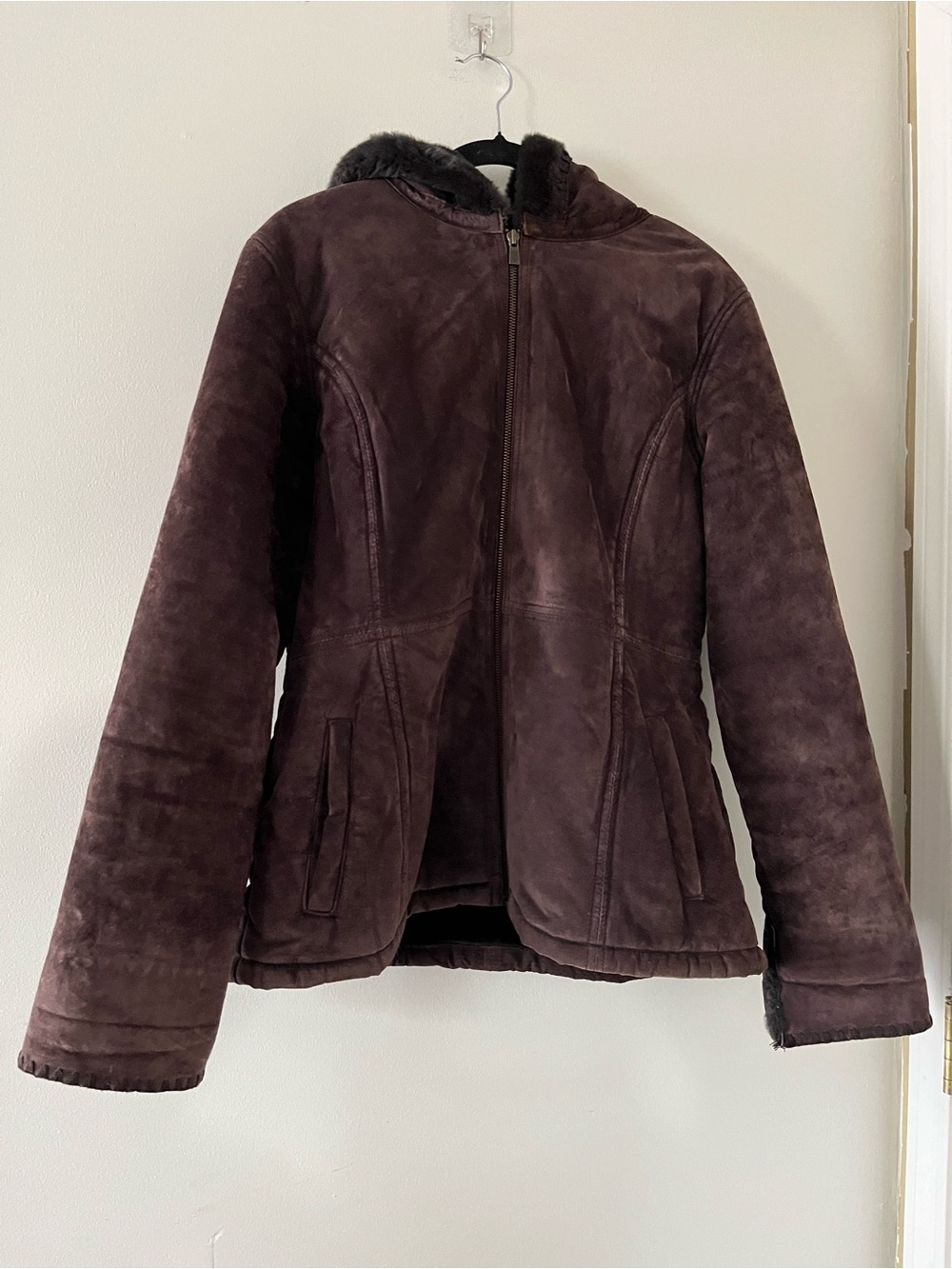 Vintage Y2K Brown Suede Leather Hooded Faux Fur Jacket Large Western Penny Lane